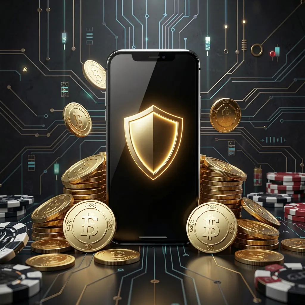 Realistic 3D render of a smartphone displaying a glowing shield icon surrounded by golden coins and chips on a dark luxury cyber background, representing the secure 916JILI mobile casino app concept