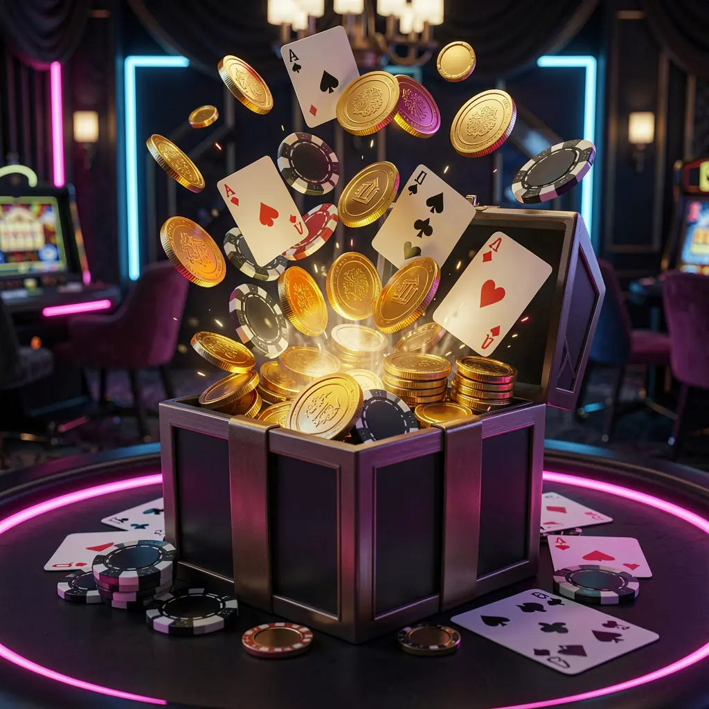 Exploding bonus gift box with golden coins, poker chips, and playing cards on a dark luxury background with glowing neon accents, showcasing 916JILI online casino bonus