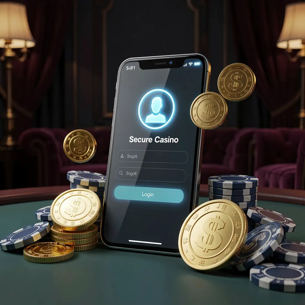 916JILI online casino login page hero banner featuring a modern smartphone displaying a secure login screen with a glowing user profile icon, surrounded by golden coins and poker chips against a dark luxury background