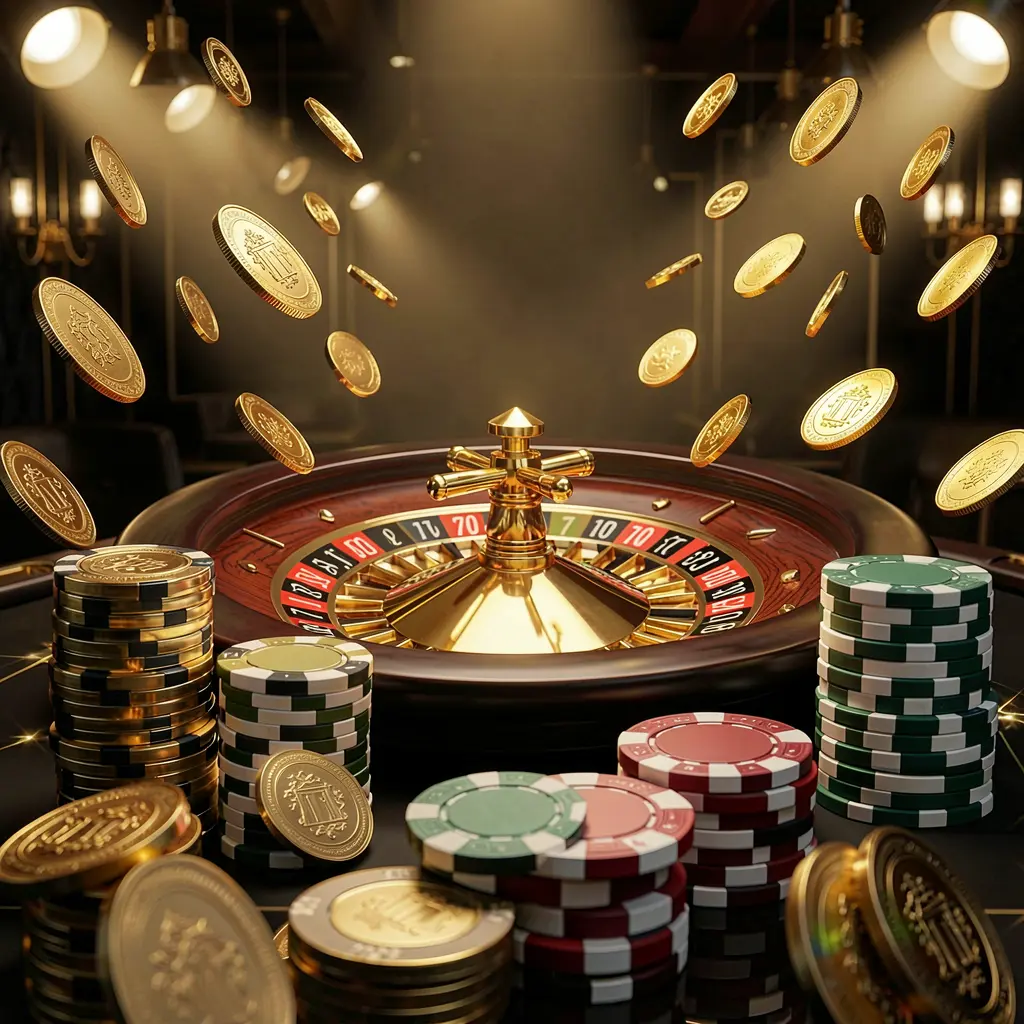916JILI online casino main page background with dramatic casino lights, golden coins flying, stacked poker chips in the foreground, and a roulette wheel behind in a luxury black and gold atmosphere